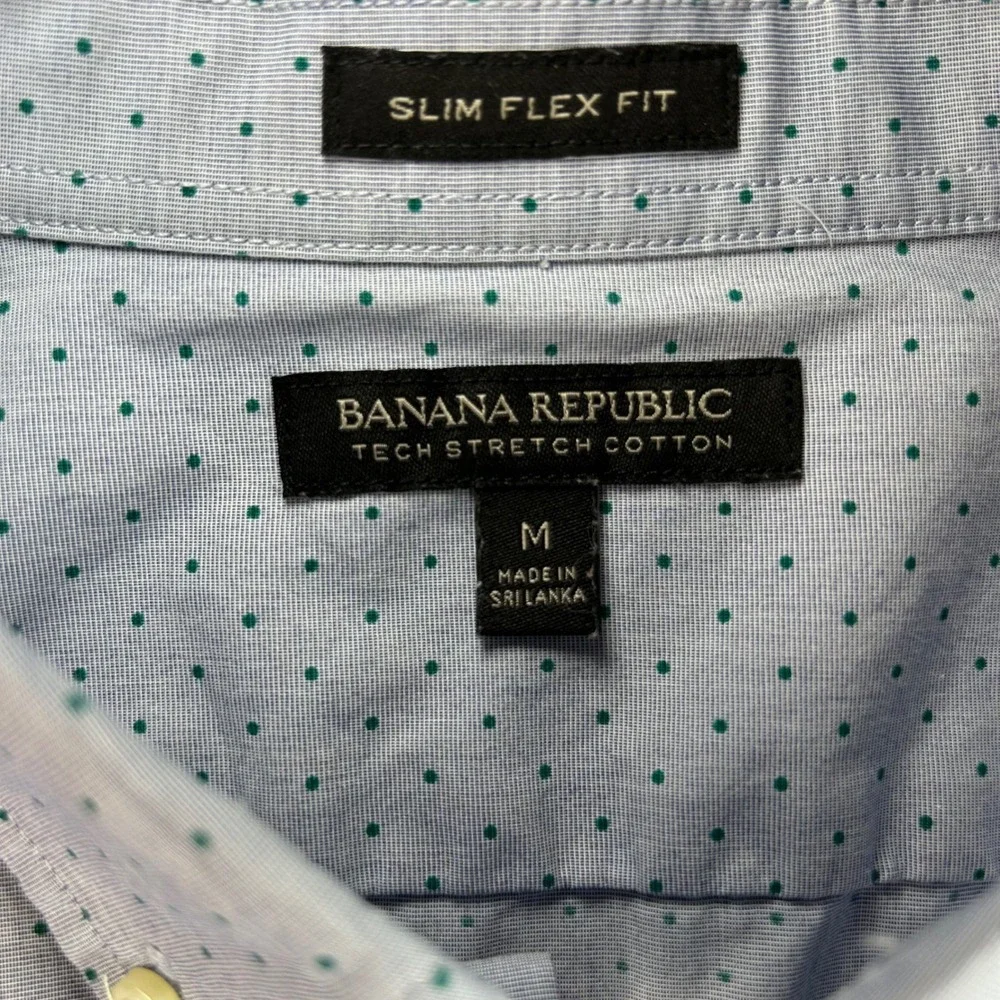 Banana Republic Mens Slim Flex Fit Tech Stretch Cotton Polka Dot Shirt Blue M